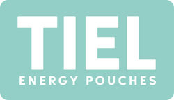 TIEL Energy pouches logotyp i vit och teal färg.