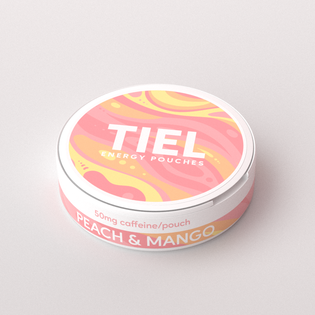 TIEL koffein snus i smaken peach &amp; mango, liggandes på vit bakgrund.