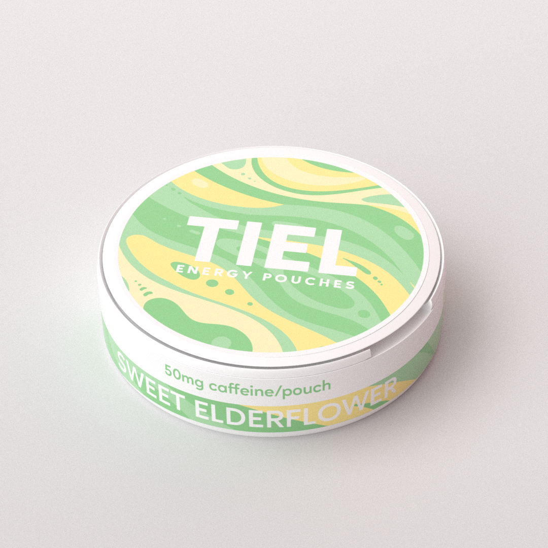 TIEL energi snus i smaken sweet elderflower, liggandes på vit bakgrund.